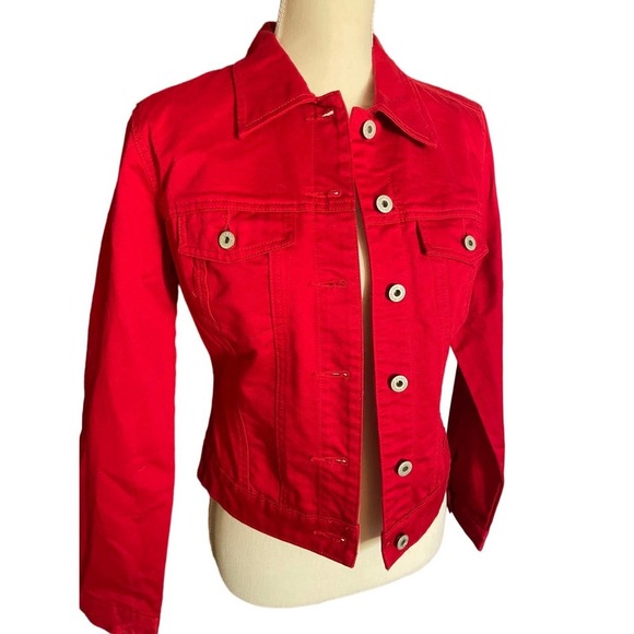 Gap Womens Button-Up Denim Jean Jacket Long Sleeve Chest Pockets Size S Red - Picture 4 of 7